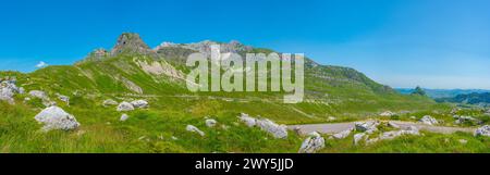 Sommets du parc national de Durmitor vus derrière une prairie, Monténégro Banque D'Images