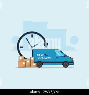 Voiture de livraison avec boîtes et illustration vectorielle chronomètre. Conception de concept de livraison rapide isolée. Conception plate Illustration de Vecteur