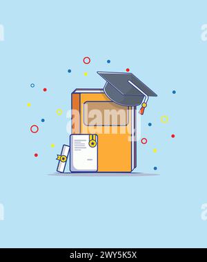 Livre avec chapeau de graduation et illustration d'icône de dessin animé de certificat. Concept d'icône d'objet d'éducation vecteur isolé. Vecteur de style dessin animé plat. Illustration de Vecteur