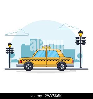 Voiture de taxi jaune sur illustration vectorielle de ville. Conception du concept de service de taxi Illustration de Vecteur