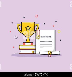Certificat avec Trophée et livres illustration vectorielle. Conception de concept de réussite académique Illustration de Vecteur