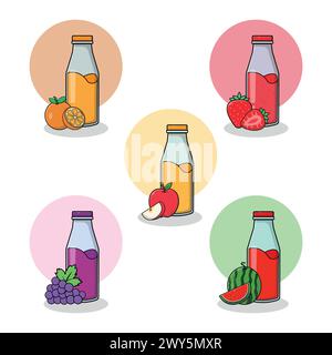 Illustration vectorielle de l'ensemble de bouteilles de jus de fruit. Concept de jus de fruits frais Illustration de Vecteur