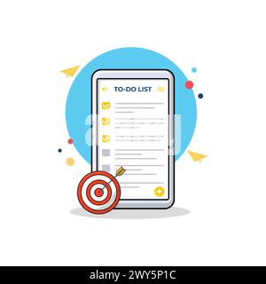 Liste des tâches dans smartphone avec illustration vectorielle de symbole cible. Conception de concept de processus de travail Illustration de Vecteur
