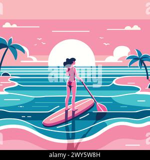 Illustration de conception plate d'une femme paddleboard au coucher du soleil avec des palmiers silhouettés contre un ciel pastel. Illustration de Vecteur