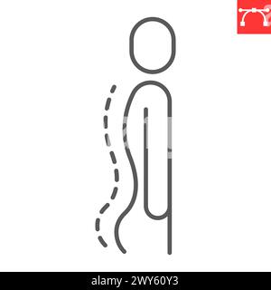 Icône de ligne de lordose lombaire, chiropraticien et mauvaise posture, icône vectorielle de déformation de la colonne vertébrale, graphiques vectoriels, signe de contour de trait modifiable, eps 10. Illustration de Vecteur