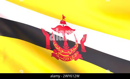 Rendu 3D - le drapeau national de Brunei flottant dans le vent. Banque D'Images