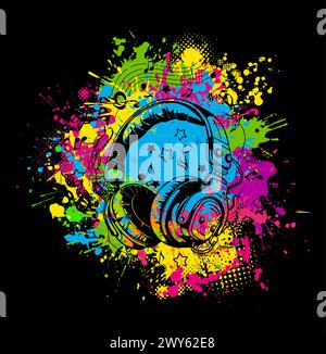 Design musical. Abstraction musique colorée. Écouteurs et notes. Impression de tee-shirts. dessin à la main. Pas IA. Illustration vectorielle Illustration de Vecteur