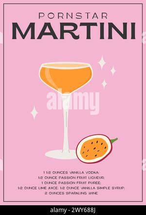 Cocktail Pornstar Martini garni de fruits de la passion. Recette classique de boissons alcoolisées imprimé d'art mural moderne. Affiche apéritif d'été. Minimaliste Illustration de Vecteur