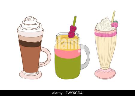 Trois types de boissons différents, chacun dans un verre séparé, sont placés les uns à côté des autres. Les boissons sont distinctes en couleur et texture, créant un affichage visuellement intéressant Illustration de Vecteur