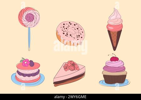 Gâteaux et desserts sont disposés en un groupe, mettant en valeur différentes saveurs, couleurs et textures. Des cheesecakes crémeux aux gâteaux au chocolat décadents, cet assortiment propose une gamme de friandises sucrées Illustration de Vecteur