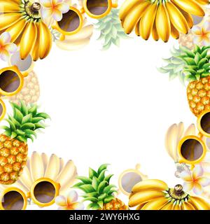 Cadre aquarelle et logo avec bouquet de bananes mûres, ananas, lunettes de soleil et fleur de frangipanier. Fruits tropicaux isolés sur fond. Pour concepteur Banque D'Images