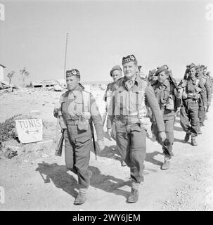 LA CAMPAGNE EN AFRIQUE DU NORD 1940-1943 - la retraite de l'axe et la campagne tunisienne 1942 - 1943 : Gordon Highlanders de la 8e armée franchissent la frontière tunisienne. , Armée britannique, Gordon Highlanders Banque D'Images