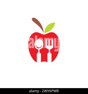 cuillère, fourchette et icône de pomme. Logo des aliments naturels Illustration de Vecteur