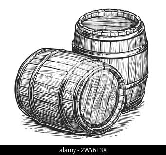 Fûts en bois pour boissons alcoolisées. Fûts de chêne avec vin ou bière. Illustration de style de gravure dessinée à la main Illustration de Vecteur