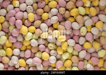 Ponte plate de mini-œufs en chocolat enrobés de sucre de couleur pastel Banque D'Images