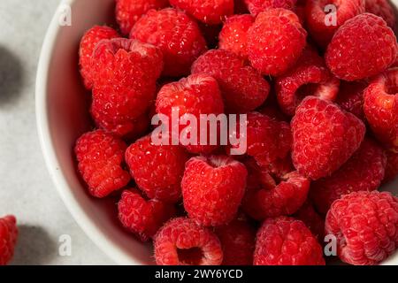 Framboises rouges biologiques crues dans un bol Banque D'Images