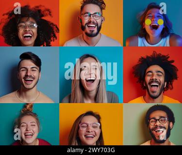 Un groupe de personnes sourient et rient dans un fond coloré. La scène est heureuse et joyeuse Banque D'Images