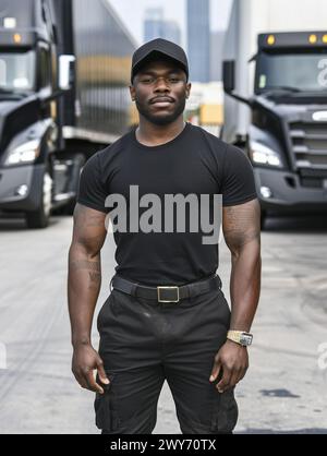 Un homme se tient confiant devant un grand semi-camion, prêt pour une journée de travail. Banque D'Images