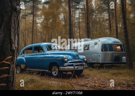 Une vieille voiture bleue est garée à côté d'une remorque dans une zone boisée isolée, entourée d'arbres et de nature. Banque D'Images