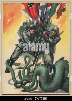 Affiche de propagande nazie / axe de la seconde Guerre mondiale avec l'Allemagne nazie de la Wehrmacht et des soldats de l'axe, combattant un serpent vert de l'URSS, tenant divers drapeaux de bannière des pays de l'axe, y compris la croix gammée .. Seconde Guerre mondiale seconde Guerre mondiale des années 1940 Banque D'Images