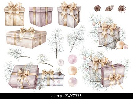 Ensemble aquarelle de cadeaux du nouvel an dans un schéma de couleurs claires non standard. Branches et cônes de pin sur isolé. Illustrations dessinées à la main du nouvel an Banque D'Images