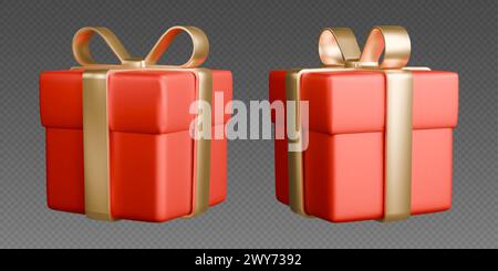 Boîtes cadeaux rouges avec des rubans dorés, boîtes 3D réalistes avec des arcs. Cadeaux de Noël surprise isolés sur fond gris. Illustration de Vecteur