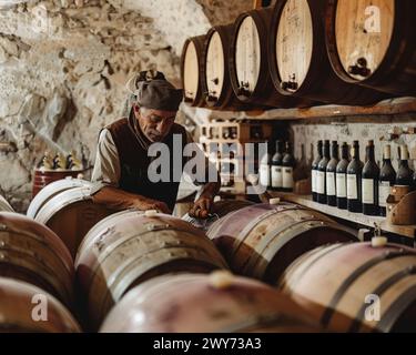 Un homme debout devant un groupe de tonneaux de vin dans une cave. Banque D'Images