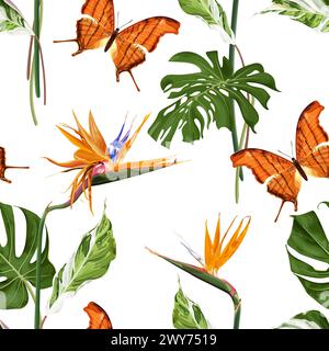 Motif tropical d'été sans couture avec fleurs de strelitzia, feuilles de monstera exotiques et papillon orange. Illustration de Vecteur