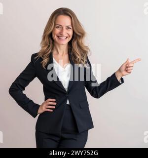 Une femme vêtue d'un costume noir et d'une chemise blanche. Banque D'Images