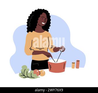 Une jeune femme prépare un dîner fait maison dans la cuisine. Table de cuisine. Cuisiner la recette du dîner. Coupe salade de légumes. Alimentation saine. Vie à la maison. Vecteur Illustration de Vecteur