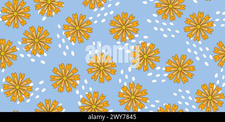 Modèle sans couture avec des fleurs de chrysanthème ou de souci et des gouttes abstraites sur fond bleu, illustration vectorielle Illustration de Vecteur