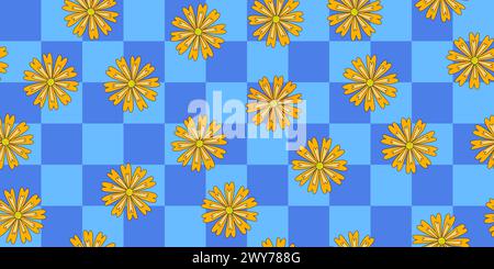 Modèle sans couture avec des fleurs de chrysanthème ou de souci sur fond bleu vérifié, illustration vectorielle Illustration de Vecteur