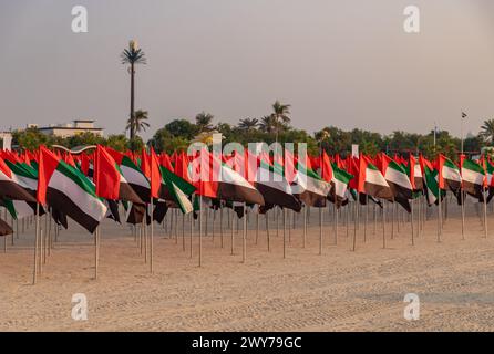 Une photo de nombreux drapeaux des Émirats arabes Unis à la plage publique de Jumeirah. Banque D'Images