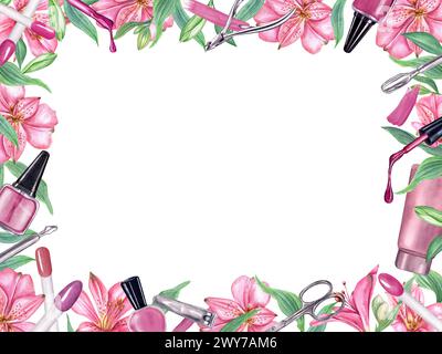 Outils de manucure, vernis à ongles, éclaboussures parmi les fleurs tropicales. Cadre carré avec espace de copie. Lime à ongles, crème, tampon à ongles, coupe-cuticules pour la beauté. Banque D'Images