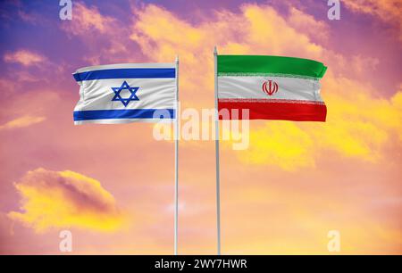 Drapeaux Iran et Israël photo stock L'Iran attaque Israël Banque D'Images