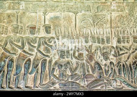Bas reliefs à Angkor Wat, Siem Reap, Cambodge Banque D'Images