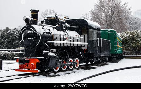 Un train stationné sur des pistes enneigées près des buissons à Wuhan, en Chine Banque D'Images