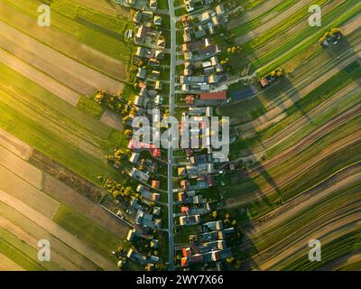 Vue aérienne directement d'en haut sur les champs et les bâtiments du village de Suloszowa dans le comté de Cracovie, Pologne Banque D'Images