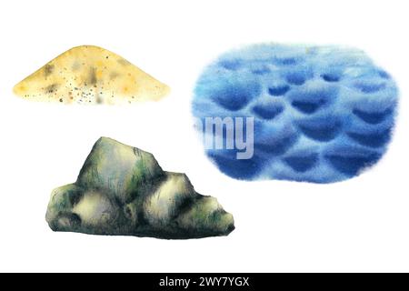 Ensemble d'éléments de roche de sable et d'eau de mer. Illustration d'aquarelle dessinée à la main isolée sur fond blanc. Pierres de galets de mer et un fond sablonneux isolé Banque D'Images