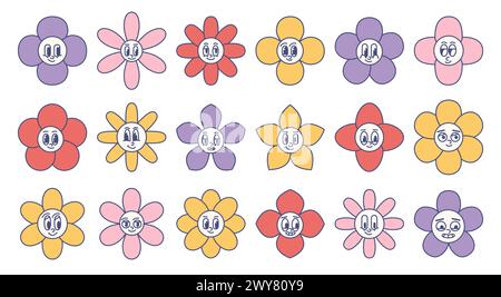Ensemble d'autocollants tête de fleurs groovy d'été. Personnages amusants de dessins animés rétro heureux, Marguerite, camomille dans un style trippy. Illustration de Vecteur