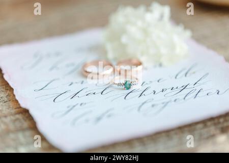 Anneaux de mariage placés sur un morceau de papier. Banque D'Images