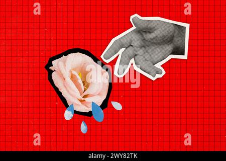 Image d'esquisse d'illustration de tendance composite collage photo 3D de silhouette demi-teinte énorme bras d'homme atteindre la fleur rose gouttes d'eau tombent vers le bas Banque D'Images