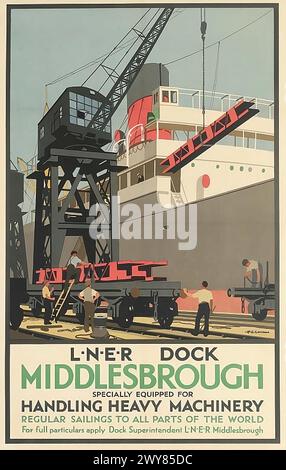 Affiche vintage LNER - Middlesbrough Dock. Spécialement équipé pour la manutention de machines lourdes, circa 1920s. Banque D'Images