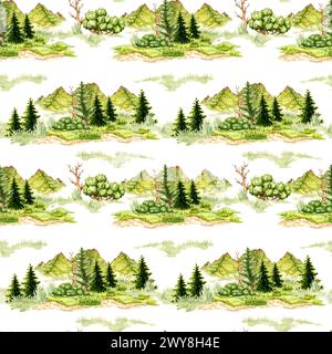 Illustration aquarelle de paysage naturel isolé de l'arrière-plan. Scène de la faune de la forêt avec de l'herbe verte, des crêtes de montagne, des arbres et des buissons. Pour Banque D'Images