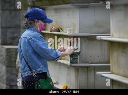 Vancouver, Canada. 4 avril 2024. Une femme offre des hommages floraux au défunt lors du festival Qingming, ou jour du balayage des tombes, au cimetière Mountain View à Vancouver, Colombie-Britannique, Canada, le 4 avril 2024. Crédit : Liang Sen/Xinhua/Alamy Live News Banque D'Images