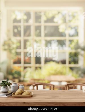 Une image en gros plan d'une table à manger en bois rustique avec un panier à pain et un décor dans une belle salle à manger avec vue depuis un jardin par une journée ensoleillée. 3d Banque D'Images