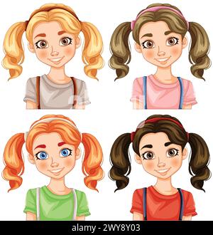 Quatre illustrations vectorielles de filles avec des cheveux uniques Illustration de Vecteur