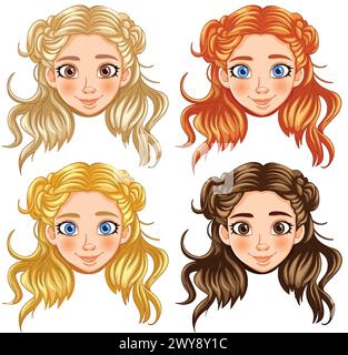 Quatre filles de dessin animé avec différentes couleurs de cheveux et styles. Illustration de Vecteur