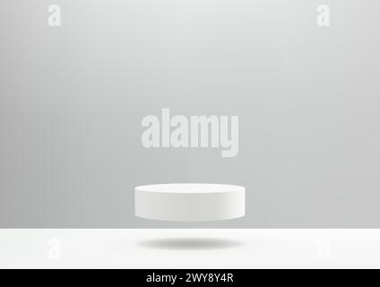 Podium cylindrique blanc 3D flotte dans les airs sur un sol blanc sur fond gris. Illustration vectorielle Illustration de Vecteur