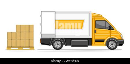 Illustration vectorielle de camion de livraison, affiche horizontale avec camion de commerce de vue latérale de profil avec porte arrière ouverte et boîtes de carton empilées sur palette, Illustration de Vecteur